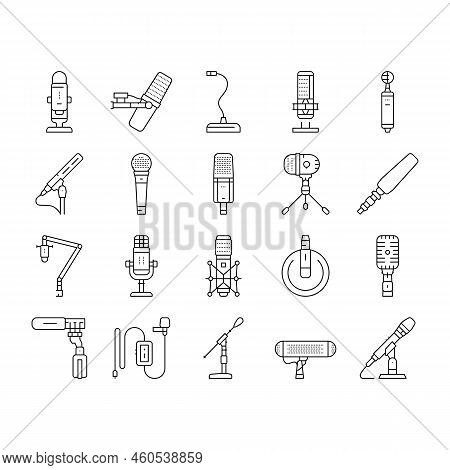 Mic Microphone Voice Podcast Icons Set Vector. Audio Music, Sound Mike, Speech Studio, Interview Web