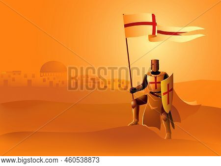 Vector Illustration Of Templar Knight Holding A Flag And Shield