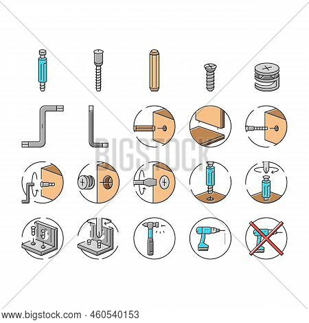 Assembly Furniture Instruction Icons Set Vector. Manual Diy, Man Home Instructions, Repair Tools Con