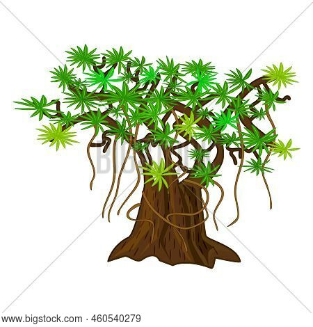 Large Tree Isolated On White Background. Cartoon Big Green Tree With Thick Wrinkled Bark. One Wide M