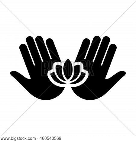 Hand Holding Lotus Yoga Silhouette Icon. Palm And Flower Medical Care Beauty Acupuncture Black Picto
