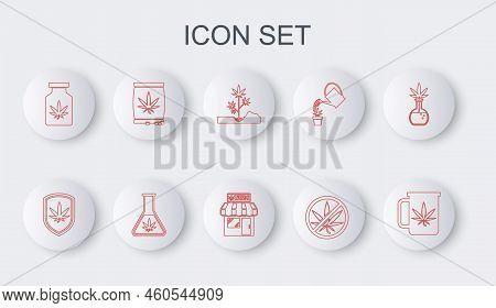 Set Line Cup Tea With Marijuana, Shield And, Planting, Stop, Medical Bottle, Marijuana Or Cannabis S