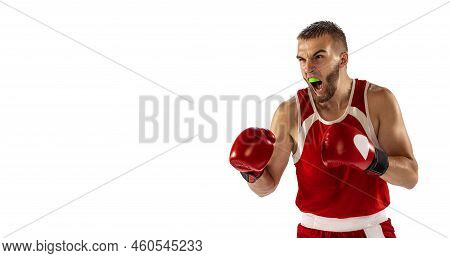 The Spirit Of Victory. Male Boxer In Red Uniform And Boxing Gloves Training Isolated On White Backgr