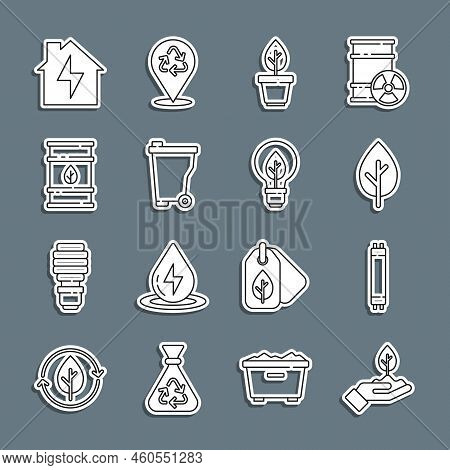 Set Line Plant In Hand, Fluorescent Lamp, Tree, Pot, Trash Can, Bio Fuel Barrel, House Lightning And