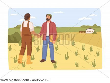 Agricultural Business Agreement Or Deal Of Farmer With Investor. Men On Field Controlling Harvest Ex