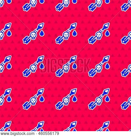 Blue Poison On The Arrow Icon Isolated Seamless Pattern On Red Background. Poisoned Arrow. Vector
