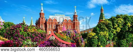 Panorama Of Flowers By Moscow Kremlin, Russia. Historical Museum (it's Written On Roof) In Backgroun