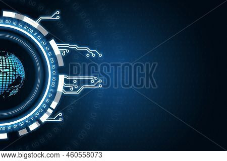 Digital Earth Globe Hologram. Iuminous Ring And Motherboard Contacts. Virtual Reality And Global Net