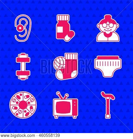 Set Socks, Retro Tv, Walking Stick Cane, Adult Diaper, Vitamin Pill, Dumbbell, Grandmother And Heari