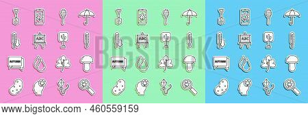 Set Line Magnifying Glass With Leaf, Mushroom, Meteorology Thermometer, Honey Dipper Stick, Chalkboa