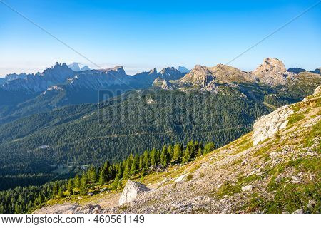Dolomites Panoramic View At Morning Sunrise Time. Croda Da Lago Ridge, Ra Gusela, Averau And Nuvolau
