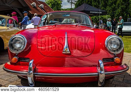Highlands, Nc - June 11, 2022: Low Perspective Front View Of A 1962 Porsche T6b Notchback Coupe At A