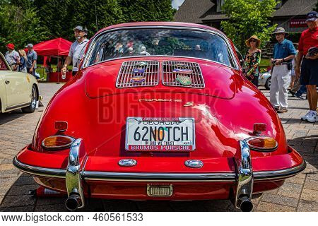 Highlands, Nc - June 11, 2022: Low Perspective Rear View Of A 1962 Porsche T6b Notchback Coupe At A 