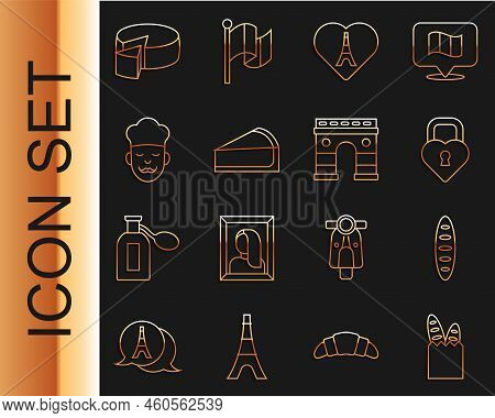 Set Line French Baguette Bread, Castle In The Shape Of Heart, Eiffel Tower With, Cherry Cheesecake S