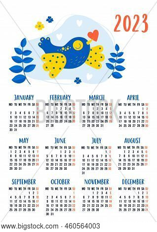 Calendar For 2023 With Cute Decorative Yellow-blue Bird Dove With Heart. Vector Illustration. Vertic