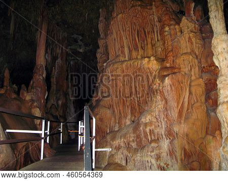 Petralona Cave, Creece- May 25, 2007: Ancient Karst Cave With Stalactites And Stalagmites, Cenote Ce