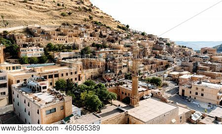 Aerial Drone View To The Streets Of The Ancient City Mardin, Mesopotamia, Turkey. Mardin Cityscape W