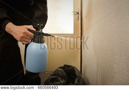 Older Man In Overall Moisturing Old Wallpapers In Apartment Room