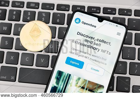 Wroclaw, Poland - Feb 10, 2022: Opensea Nft Non-fungible Token Marketplace. Investing Cryptocurrenci