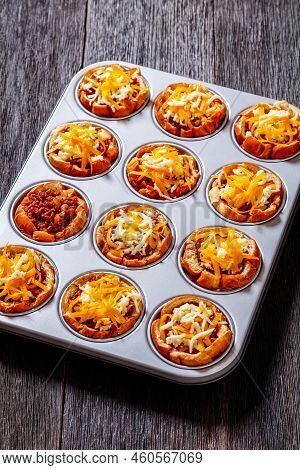 Sloppy Joe Cups, Hamburger Bun Cups With Ground Beef And Onions Tossed In Sloppy Joe Sauce And Toppe