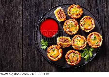 Sloppy Joe Cups, Hamburger Bun Cups With Ground Beef And Onions Tossed In Sloppy Joe Sauce And Toppe
