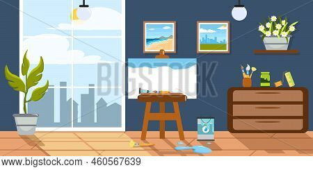 Vector Illustration Beautiful Interior Rooms Artist. Cartoon Interior With Paintings, Brushes, Paint