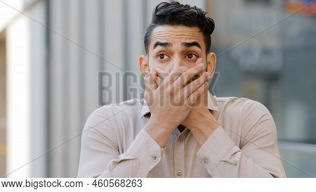 Hispanic Man Scared Businessman Boss Stands In City Covering Mouth With Hands From Shock Fear Blab O