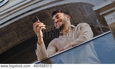 Bottom View Successful Happy Smiling Arabic Hispanic Bearded Millennial Business Male User Client St