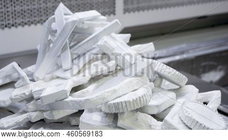 Detail Objects Printed On Powder 3d Printer And Covered White Polyamide Powder Close-up. Technology 