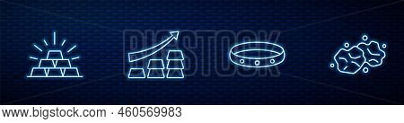 Set Line Gold Ring, Bars, Growth Arrow With Gold And Nugget. Glowing Neon Icon On Brick Wall. Vector