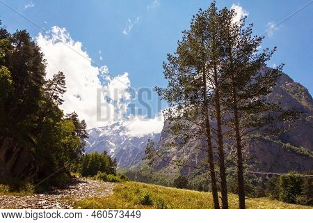 In A Mountain Gorge In The Greater Caucasus And A View Of Mount Monk