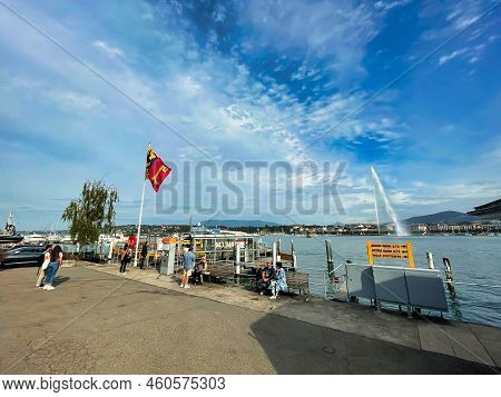 Geneva, Switzerland - September 14 2021: People At The Departure Point Of The Public Boat Connecting