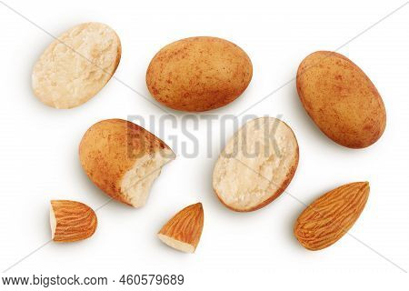 Marzipan Balls Or Potatoes With Almond Isolated On White Background Full Depth Of Field. Top View. F