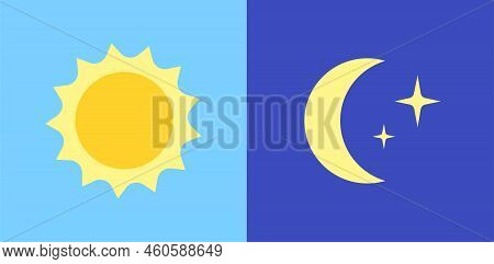 Day And Night Logo. Light Or Dark Theme Or Sleep Wake Rhythm. Moon And Stars, Sun And Clouds In Sky.