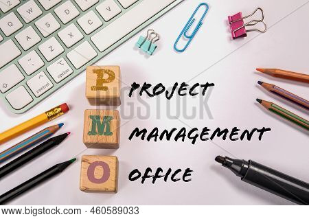 Pmo - Project Management Office. Office Supplies On The Table