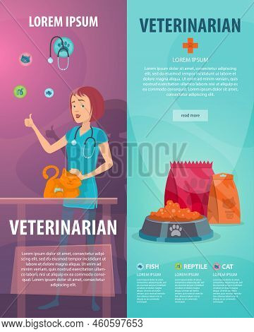 Vet Clinic Vertical Banners With Pet Doctor Stroking Cat And Animal Food Vector Illustration