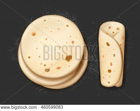 Realistic Pita Bread With Flour, Vector 3d Tortilla Round And Rolled Lying On Black Table Surface Wi