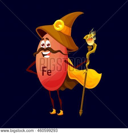 Cartoon Ferrum Or Iron Micronutrient Wizard Character. Isolated Vector Fe Warlock Funny Food Supplem