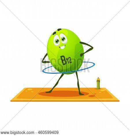 Cartoon B12 Vitamin Character, Cheerful Cyanocobalamin Personage On Fitness Rolling Hoop Stand On Ma