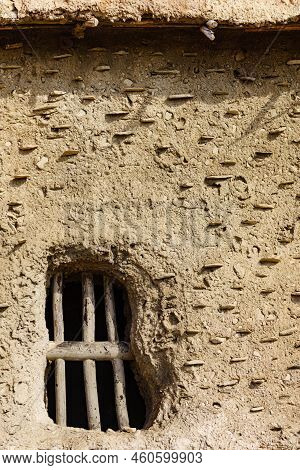 Old Clay House Detail, Bars In Window. El Chorrillo Film Location, Sierra Alhamilla In Andalucia Spa