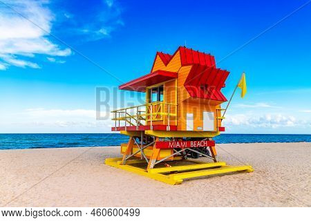 Lifeguard Tower In Miami Beach, South Beach In A Sunny Day, Florida