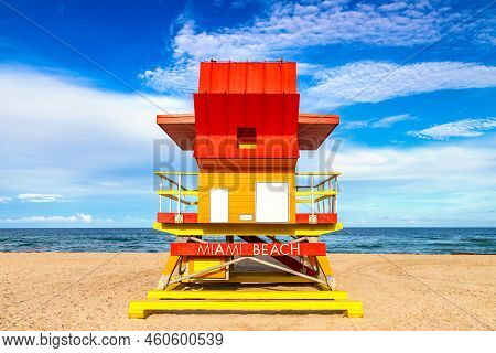 Lifeguard Tower In Miami Beach, South Beach In A Sunny Day, Florida