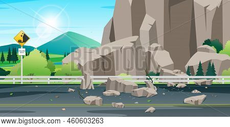 Rocks Falling On The Highway With Stone Warning Signs.