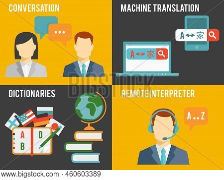 Simple Colored Graphic Design Of Foreign Language Translation Concept In Orange And Gray Background.