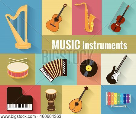 Set Of Musical Instruments Harp, Guitar, Saxophone, Violin, Drum, Accordion, Piano And Banjo.  Isola