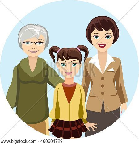 Colored Graphic Design Of Cartooned Females In Different Ages - Girl  Woman And Granny  With Smiling