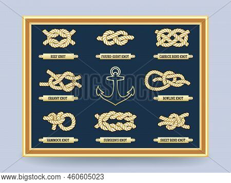 Nautical Rope Knots On The Board In  Frame. Bowline Knot And The Figure Eight. Vector Illustration