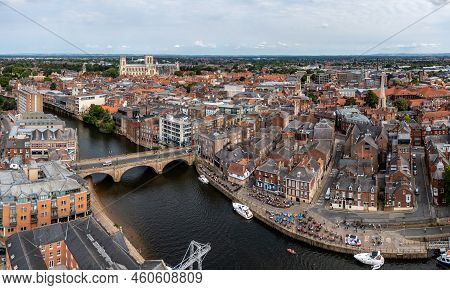 York, Uk - August 28, 2022.  An Aerial Panoramic Landscape Of The River Ouse Flowing Through The His