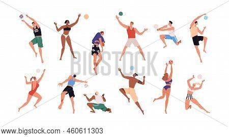 Men, Women Playing Summer Beach Volleyball Set. Volley Ball Players In Action During Active Sport Ga