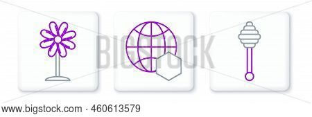 Set Line Honey Dipper Stick, Flower And Honeycomb Map Of The World Icon. Vector